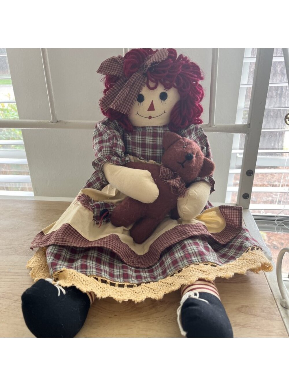 20" Primitive Raggedy Ann with teddy bear doll 80s cottagecore decor nursery